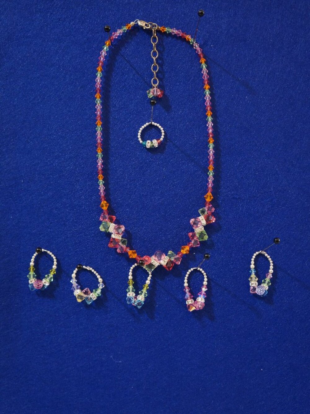 Handmade Rainbow Crystal Necklace & Stackable Rings Set 7pc Chunky Festive Y2K